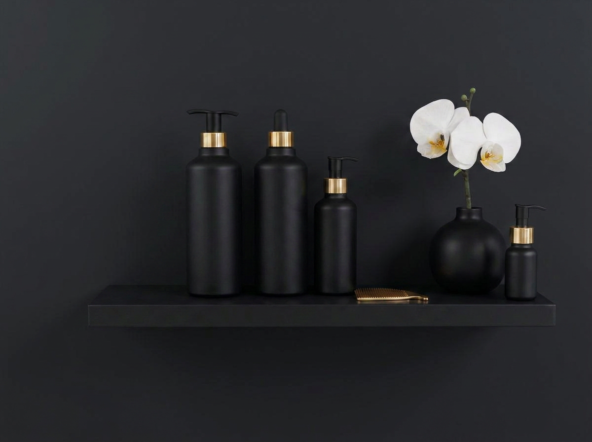 Premium black hair care bottles with gold accents arranged on a black shelf against a dark wall